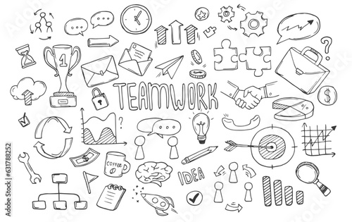 Doodle teamwork sketch set isolated on white background