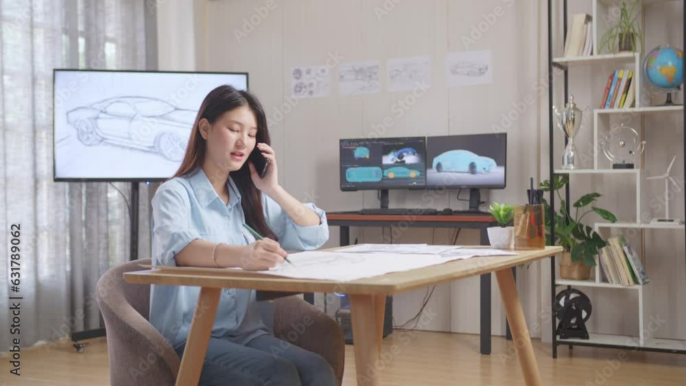 Asian Female Talking On Smartphone While Working On A Car Design Sketch On Table In The Studio With Tv And Computers Display 3D Electric Car Model
Asian Female Talking On Smartphone While Working On A Car Design Sketch On Table In The Studio With Tv And Computers Display 3D Electric Car Model