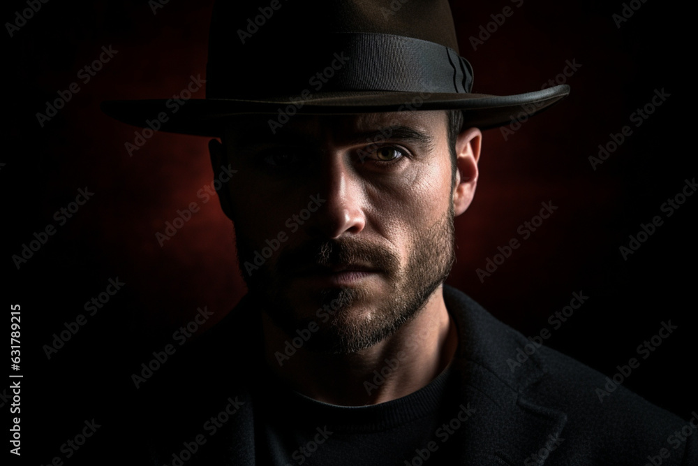 Handsome unrecognizable man in hat, his face in the shadows, minimalistic studio shot against black background, low key lighting with copy space