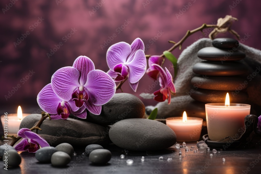 Purple orchid on black rocks surrounded by candles, creating a zen and tranquil atmosphere. Purple orchid on black rocks surrounded by candles, creating a zen and tranquil atmosphere.