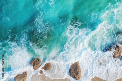 Aerial view of waves crashing against a sandy beach on a sunny day.