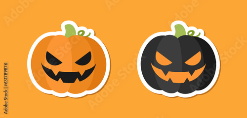 Scary spooky evil pumpkin jack o lantern sticker design set. Traditional decoration symbol of halloween trick or treat holiday celebration. Vector illustration.