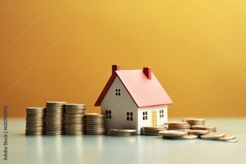 Sell House. mini house model with stack coin on desk with yellow color background, real estate agent, home lone, insurance, miniature, business finance, property and financial concept, Generative AI Sell House. mini house model with stack coin on desk with yellow color background, real estate agent, home lone, insurance, miniature, business finance, property and financial concept, Generative AI