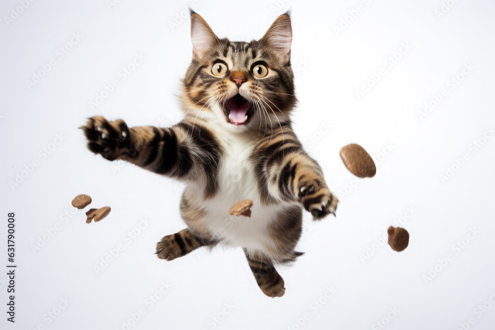 A striped cat in a jump catches flying dry food on a white background.