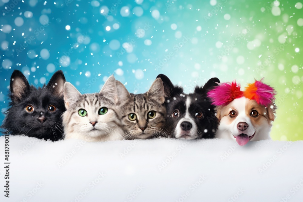 New Year's promotional poster concept with puppies and kittens peeking over a snow pile with space for product placement or advertising text.