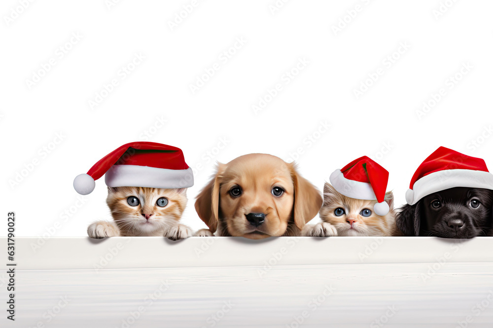 Puppies and kittens in red Christmas hats peek behind a banner with space for product placement or promotional text on a white background.