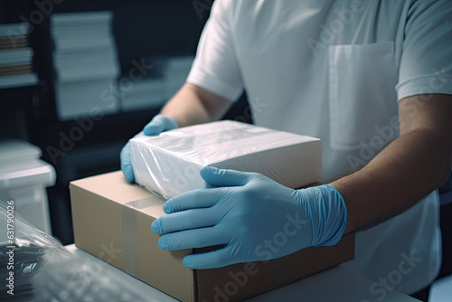A medic in uniform and latex gloves holds parcel boxes in his hands while standing in a laboratory warehouse.