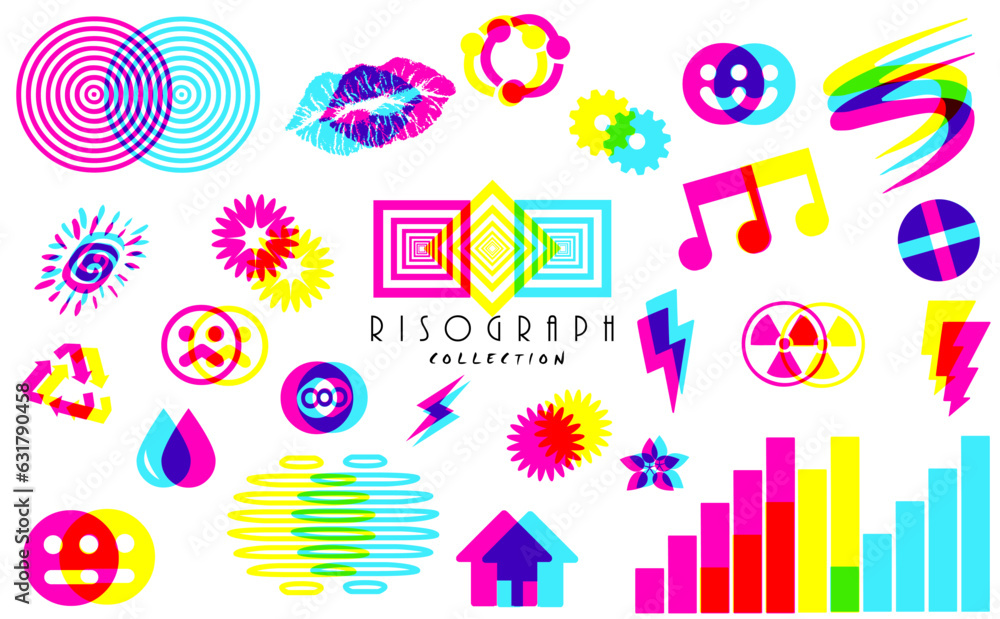 Risograph Effect Symbols. Variety Icons. Flat design element collection Risograph Effect Symbols. Variety Icons. Flat design element collection