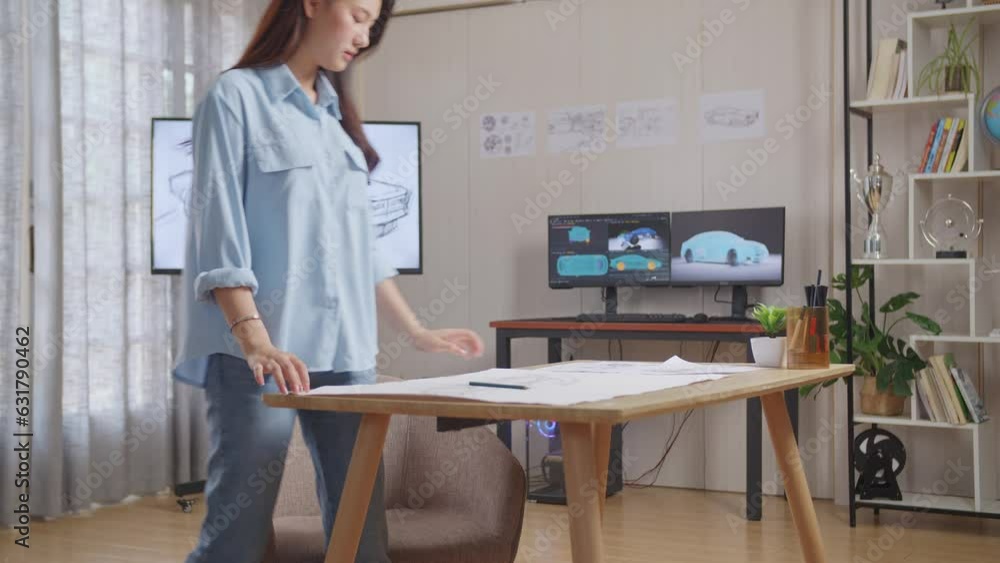 Asian Female Walking To Sit Down And Working On A Paper About Car Design Sketch In The Studio With Tv And Computers Display 3D Electric Car Model
Asian Female Walking To Sit Down And Working On A Paper About Car Design Sketch In The Studio With Tv And Computers Display 3D Electric Car Model