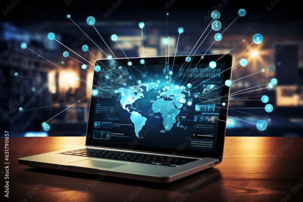 Communication technology for internet laptop. Global world network telecommunication with Ai. Communication technology for internet laptop. Global world network telecommunication with Ai.