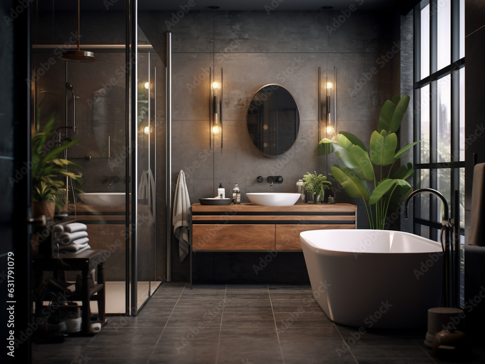 Stylish high-tech bathroom with a spa-like ambiance. AI Generate. Stylish high-tech bathroom with a spa-like ambiance. AI Generate.