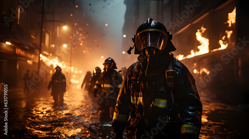 Brave firefighter in full gear, backed by a cascade of cascading water and sparks flying around. Generative AI