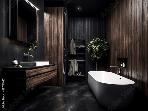 Elegant dark wood bathroom with opulent touches. AI Generate. 