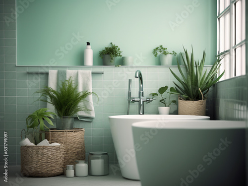 Inviting light green bathroom with natural accents. AI Generate. 