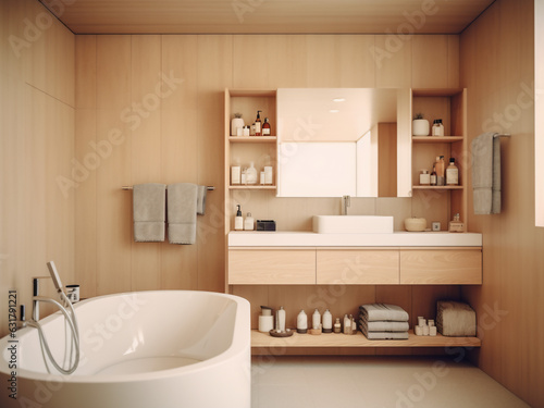 Chic light wood bathroom with sleek fixtures. AI Generate. 