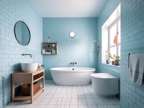 Light blue bathroom featuring coastal elements. AI Generate. 