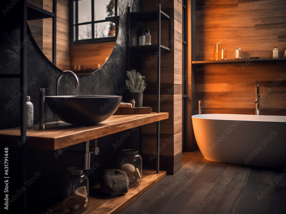 Subtle elegance in a wood bathroom design. AI Generate. Subtle elegance in a wood bathroom design. AI Generate.