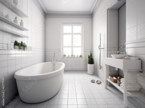 Serene white bathroom offering a relaxing retreat. AI Generate. 