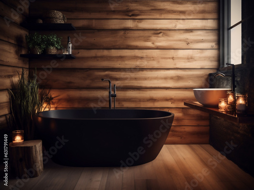 Minimalist wood bathroom interior design. AI Generate. 