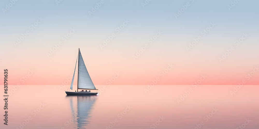 Sailing yacht in the sea at sunset. Landscape with lonely sailboat. Minimalist sailing concept desig. Generative AI.