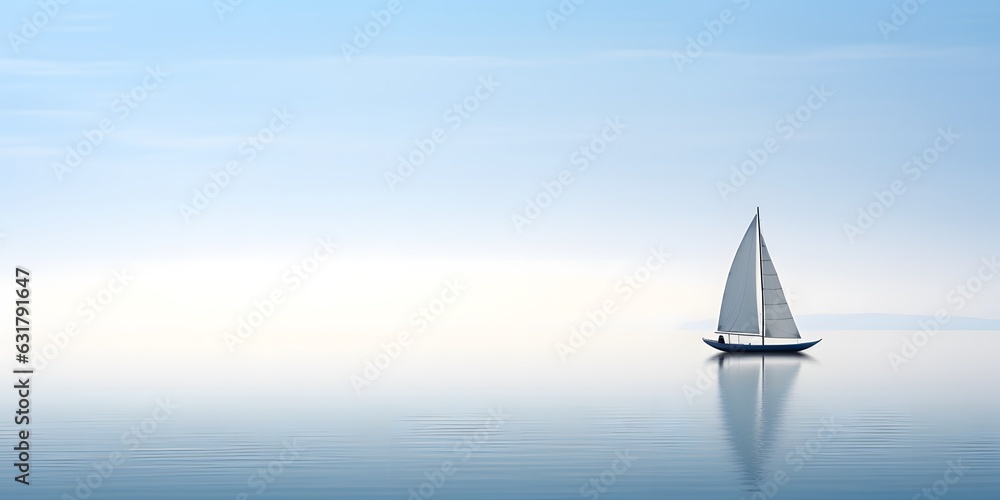 Sailboat in the sea on a background of blue sky. Minimalist sailing background. A lonely sailing boat floating in the ocean.