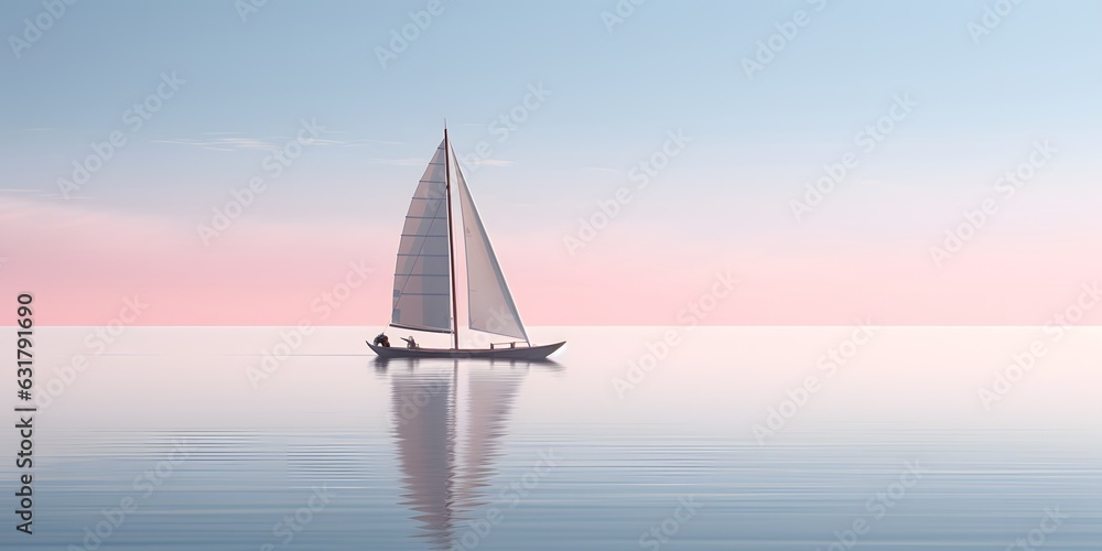 Sailing boat in the sea with reflection in water. Minimalist sailing background. Generative AI.