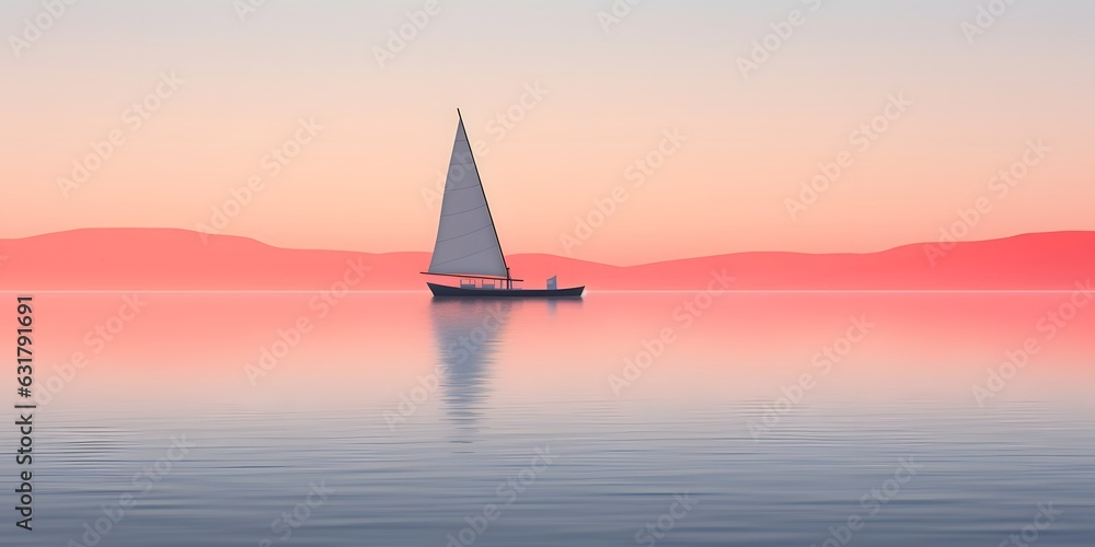 Sailboat on the sea at sunset with reflection in water. Minimalist sailing background. Generative AI.