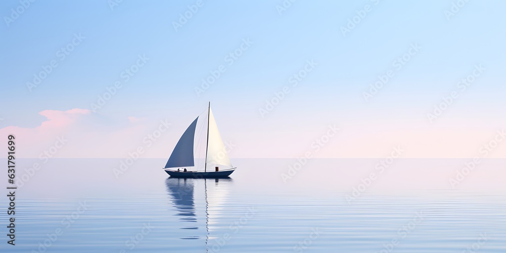 Sailboat in the sea on a background of blue sky. Minimalist sailing background. Generative AI.