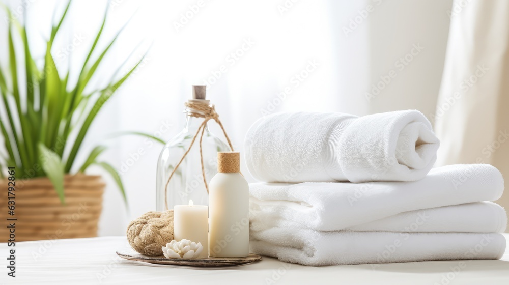 Towels with herbal bags and beauty treatment items setting in spa center in white room, Generative AI.