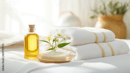 Towels with herbal bags and beauty treatment items setting in spa center in white room, Generative AI.