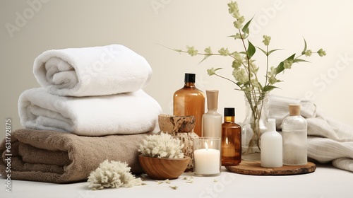 Towels with herbal bags and beauty treatment items setting in spa center in white room  Generative AI