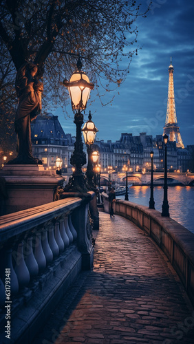 Evening romantic view of illuminated stone bridge