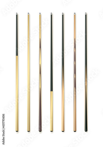 Cues for billiard, snooker realistic templates. Wooden sticks with various design for cuesports. Vector