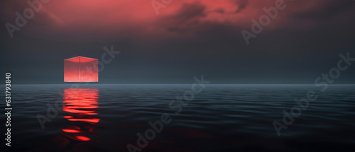ominous red cub ufo over ocean, paranormal horror concept, banner size, copy space