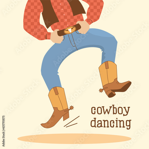 Cowboy dancing vector illustration. Country American dance in cowboy western boots with text. Western man dancing photo