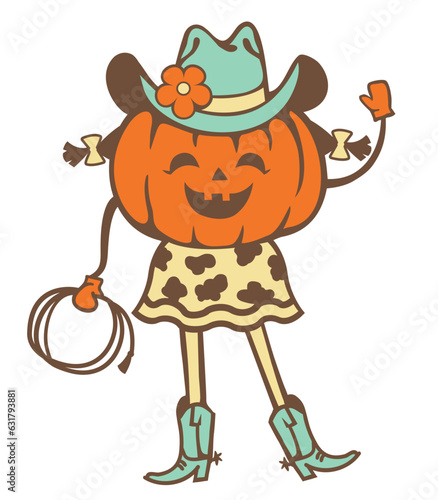 Pumpkin cowgirl vector printable color illustration. Halloween girl pumpkin wearing cowboy hat and cowboy boots drops lasso with howdy pumpkin text isolated on white background.