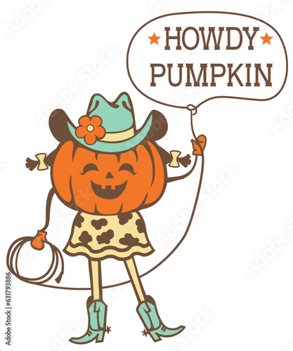 Pumpkin cowgirl vector printable color illustration. Halloween girl pumpkin wearing cowboy hat and cowboy boots drops lasso with howdy pumpkin text isolated on white background.