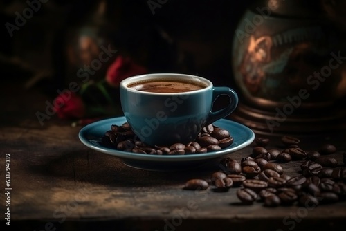 Coffee Espresso Cup With Beans On Wooden Table