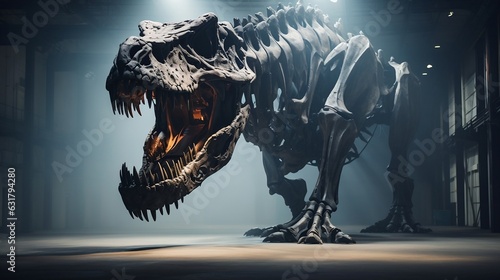 Photo fossil skeleton of dinosaur king tyrannosaurus rex in museum. Ai generated © artistic