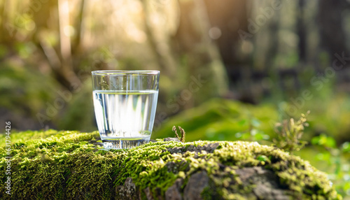 Valokuva A glass of water on a moss covered stone