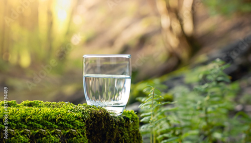 Canvastavla A glass of water on a moss covered stone