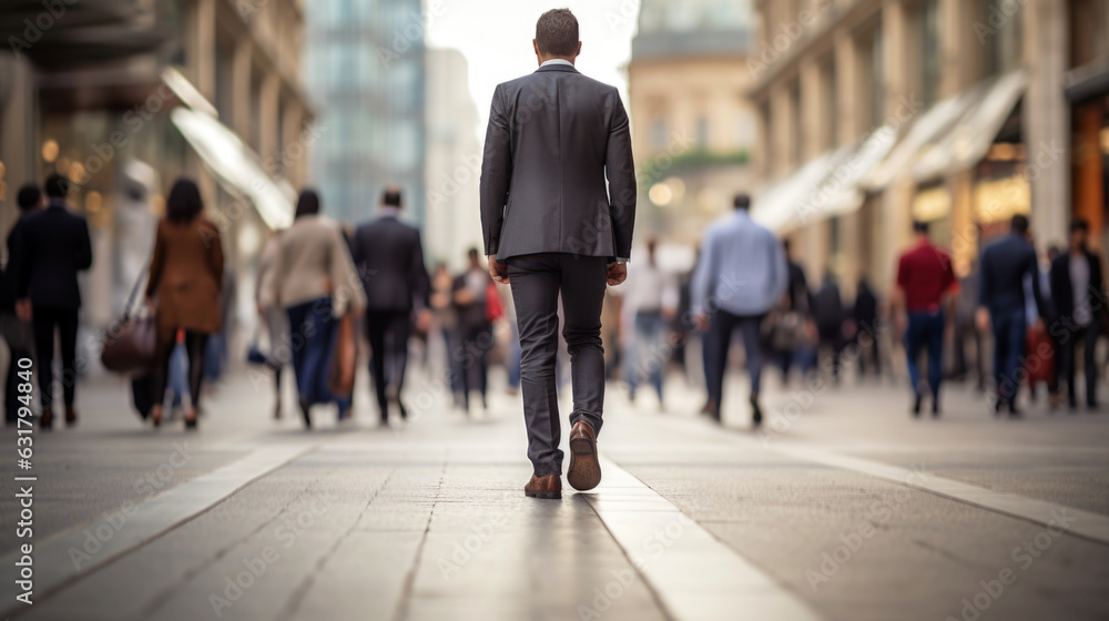Obraz premium backside of senior business man walking in the street business district background.