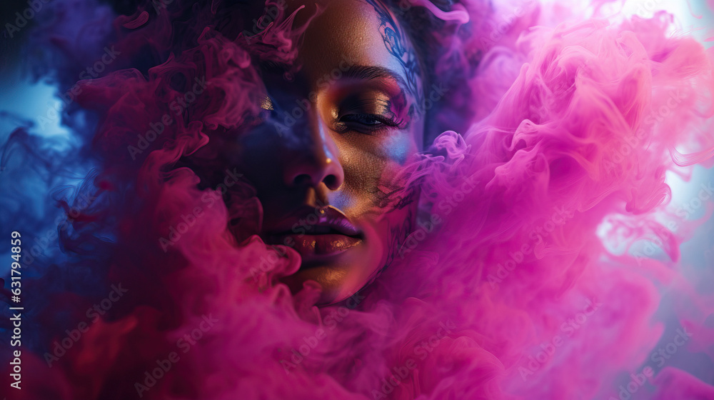 Woman Engulfed in Neon Colors Smoke. Close up Face. Misty Pink Fog, Concept of Wonder, Elegance, and Beauty.