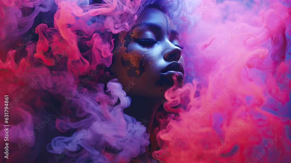 Mysterious Woman Engulfed in Neon Colors Smoke. Close up Face. Misty Pink Fog, Concept of Wonder, Elegance, and Beauty. Mysterious Woman Engulfed in Neon Colors Smoke. Close up Face. Misty Pink Fog, Concept of Wonder, Elegance, and Beauty.