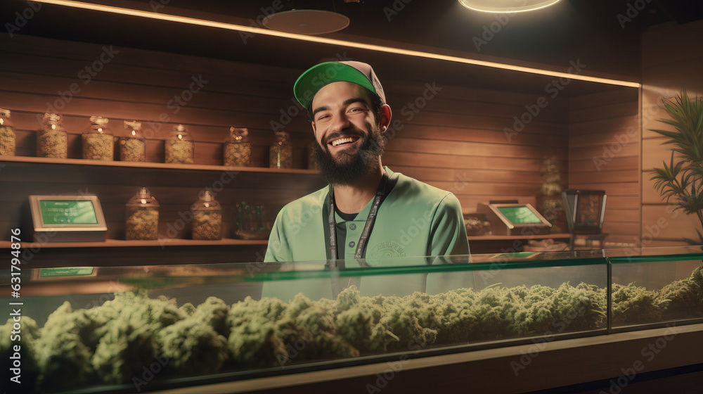 Marijuana Dispensary Store Clerk Salesman. White Man With Beard. Posing in Front of Weed Nuggets. Smiling Happy and Inviting. Concept of Bud Tender, Customer Service, Interior Store, Jars and Shelves.
