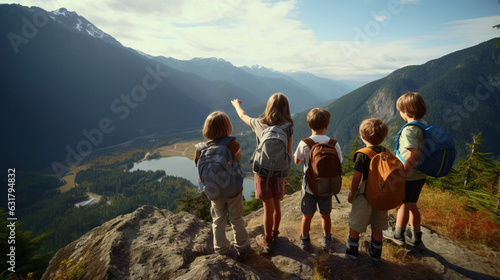 Group of Children Kid Hikers on the Top of Mountain. Pointing at Next Spot to Hike. Concept of Achievement, Exploring, Adventure, and Nature.