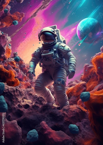Astronaut is walking in space with universe background. Generative Ai.