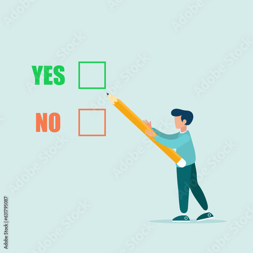 Compare a yes or no answer to a given question as a decision choice. business decision. The guy is holding a pencil. Flat vector illustration.
