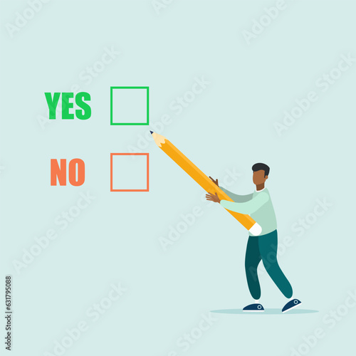 Compare a yes or no answer to a given question as a decision choice. business decision. The guy is holding a pencil. Flat vector illustration.
