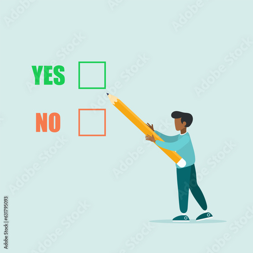 Compare a yes or no answer to a given question as a decision choice. business decision. The guy is holding a pencil. Flat vector illustration.
